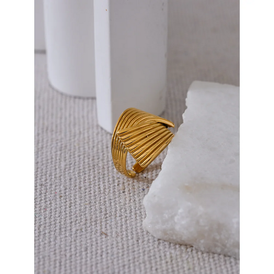 Wide geometric textured ring with 18K gold plating | Modern Stainless Steel Statement Ring – Euphoria Jewels Co