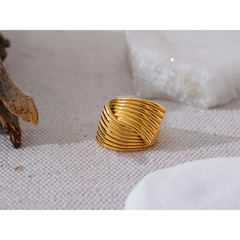 Wide geometric textured ring with 18K gold plating | Modern Stainless Steel Statement Ring – Euphoria Jewels Co