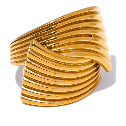 Wide geometric textured ring with 18K gold plating | Modern Stainless Steel Statement Ring – Euphoria Jewels Co