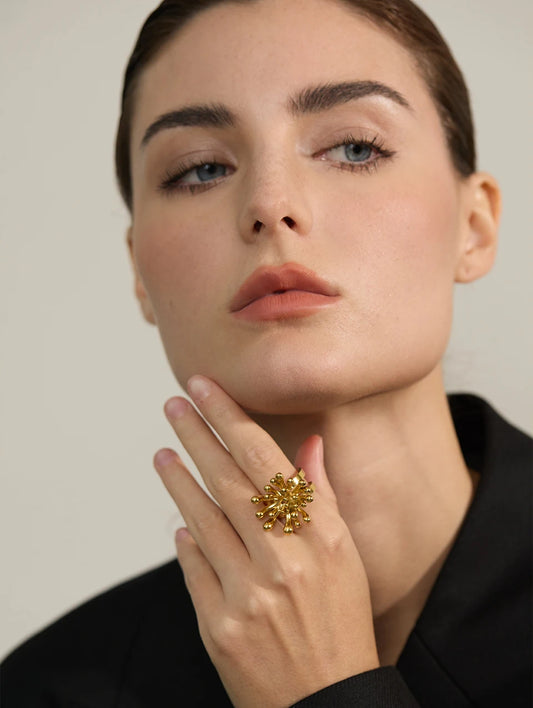 18K Gold Plated "Firework" Flower Open Ring | Unique Geometric Stainless Steel Design – Euphoria Jewels Co