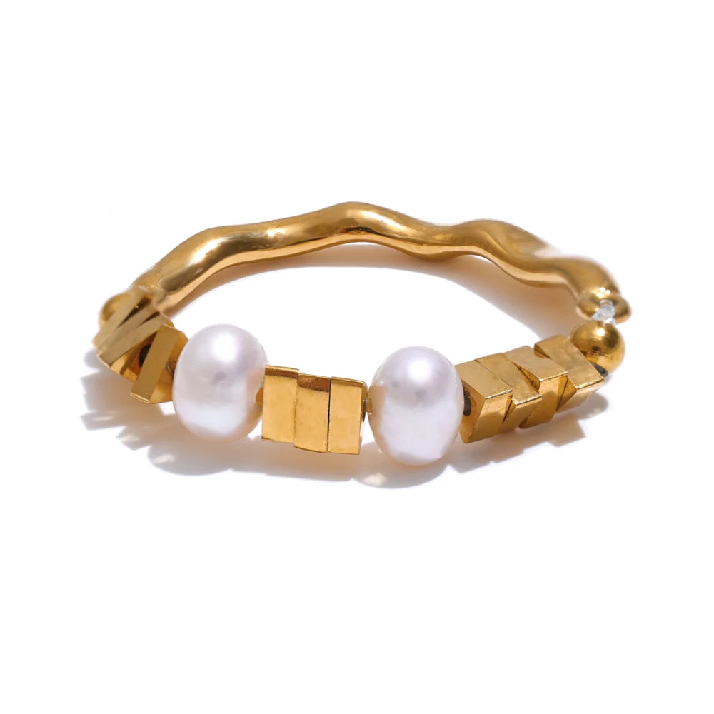 Elastic 18K Gold Plated Freshwater Pearl Ring | Elegant Adjustable Ring – Euphoria Jewels Co