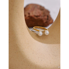 Thin ring with pearl and zirconia in Korean style with platinum and gold plating | Delicate luxury jewelry – Euphoria Jewels Co