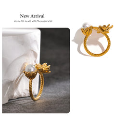 Statement Flower Ring with Decorative Pearl in 18K Gold Plating | Fashionable and Waterproof Jewelry – Euphoria Jewels Co
